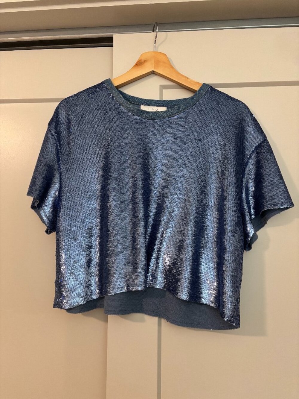 IRO Blue Shimmer Cropped Tee with Denim Collar, Size S